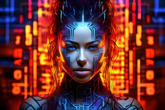 AI generated cybernetic female figure composed of fluid computer code symbolizing artificial