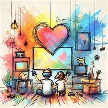Two children sitting on the floor painting a big colorful heart on a wall at home, AI generated