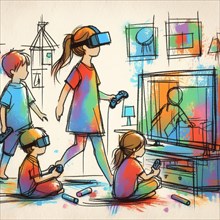 Children engaging with virtual reality and gaming technology in a colorful, modern setting, AI