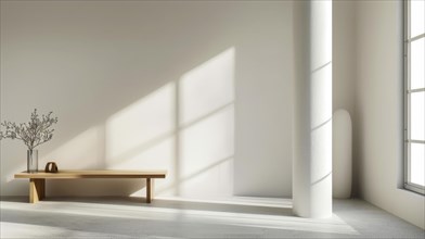 Sunlit modern interior featuring a simple bench, plant, and white column, with strong shadow play,