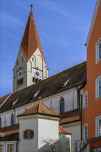 Crescentia Monastery with church tower and clock, Kaufbeuern, Allgaeu, Swabia, Bavaria, Germany,