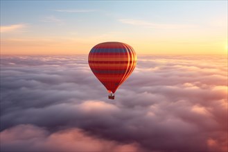 Colorful hot air balloon floats over a sea of clouds at sunset at sunset with orange and blue skies