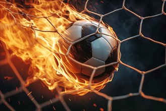 Soccer concept, a burning soccer ball is in the air entering goal net, AI generated