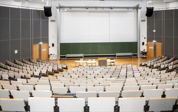 View from the rows of seats into an empty lecture theatre, interior photo, Department of Mechanical