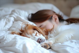 Dog seeping with human owner in bed, KI generiert, generiert, AI generated