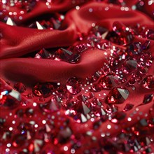 Seamless pattern of glistening rubies scattered across a rich red fabric AI generated