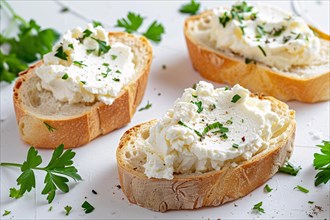 Slices of bread with cream cheese and herbs. KI generiert, generiert, AI generated