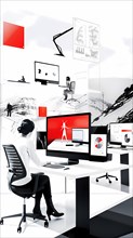 A graphic designer's workplace with mountain images, in a modern grayscale and red setting,