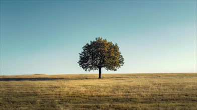 A solitary tree stands in the center of a grassy field under a serene blue sky, AI generated