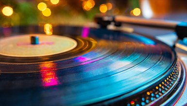 Close-up of a turntable with a vinyl record illuminated by blue light and soft bokeh in the