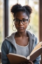 Serene girl with glasses engrossed in a book, appearing pensive and absorbed, AI generated
