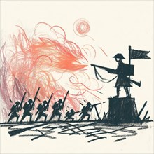 Dynamic abstract sketch of a battle scene with soldiers and fiery backdrop, AI generated