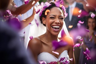 Happy black african american woman in wedding dress surrounded by flower petals. KI generiert,