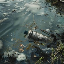 A plastic bottle in a puddle-like collection of polluted water and algae, pollution, environmental