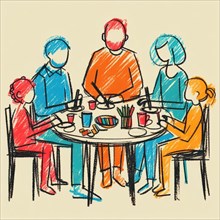 A family gathered around a table for a meal in a simple drawn illustration, AI generated