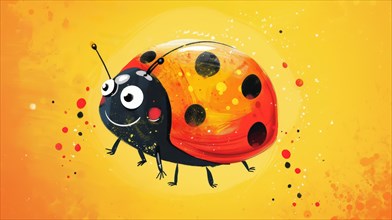 Vibrant cartoonish ladybug illustration with a cute expression on a yellow background, AI generated