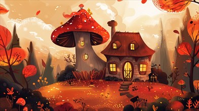 Fantasy scene of a mushroom house at sunset with wildlife and warm colors, AI generated