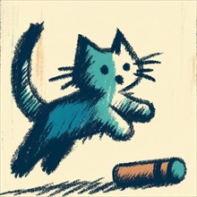 A playful abstract sketch of a blue cat captured in mid-jump against a light blue backdrop, AI