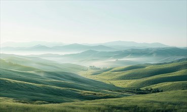 A valley landscape with rolling hills and distant mountains bathed in morning light AI generated