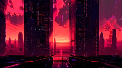 AI generated illustration of a cityscape with skyscrapers and holographic elements in red color