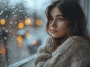 Bad weather, a woman looks sadly outside through a rainy window pane, AI generated