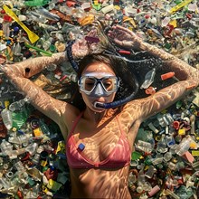 Woman with diving equipment lying on a pile of colourful plastic waste, AI generated
