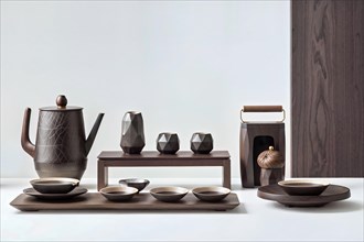 A modern reinterpretation of the traditional Japanese tea ceremony in a minimalist setting that