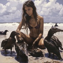 An oil-polluted girl and Birds on the beach, an image that raises awareness of environmental