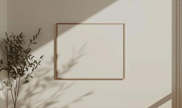A blank image frame mockup on a soft ivory wall in a minimalistic modern interior room AI generated