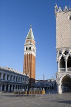 Doge's Palace and Campanile bell tower in Piazetta San Marco, St Mark's Square, Venice, Veneto,