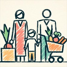 Minimalistic abstract drawing of a family with grocery shopping cart, AI generated