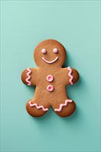 Cute smiling gingerbread man on mint blue background. KI generiert, generiert, AI generated