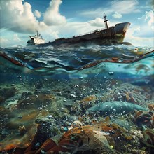 A ship over clear water visible through a dense algae landscape, pollution, environmental