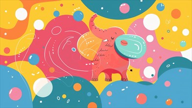 A playful abstract elephant surrounded by a dynamic and colorful bubble environment, AI generated