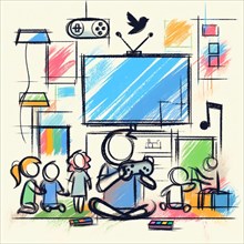 Sketch of a family engaged in various forms of entertainment around a TV in a colorful setting, AI