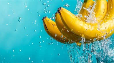 A bunch of yellow fresh bananas immersed in water and produce splash, AI generated