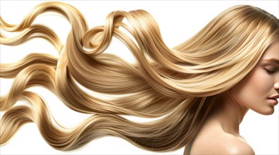 A blonde woman model with long hair is posing in front of a white background, AI generated