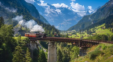 A train is traveling over a bridge in the mountains in swiss alps, AI generated