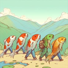 Whimsical illustration of four koi fish walking upright and equipped for a hike, set against a