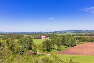 View at a beautiful cultivated landscape with a red barn a sunny summer day in the countryside,