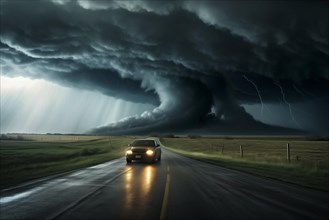 Disaster catastrophe storm concept, tornado in a field in the USA with car on road escaping tornado