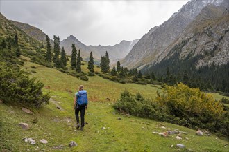 Hiker in the mountain valley, Chong Kyzyl Suu Valley, Terskey Ala Too, Tien-Shan Mountains,