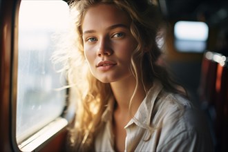 Young woman travelling in train or bus. KI generiert, generiert, AI generated