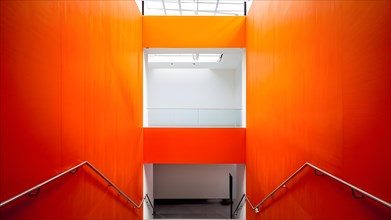 AI generated minimalist architectural shot of orange walls intersecting around a modern stairway