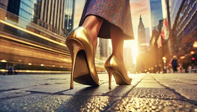 Close-up of a woman's high heels walking on a city street with motion blur during golden hour, AI