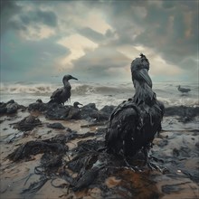 Three oil-stained Birds on a cloudy seashore create a gloomy mood, AI generated