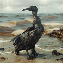 A lone Bird covered in oil stands on the beach, an image of grief and isolation, AI generated