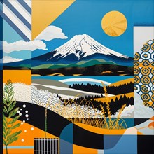 Colourful abstract depiction of a landscape with Mount Fuji and the sun as the central motif,