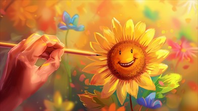 A hand painting a happy, smiling sunflower in a vibrant nature scene, AI generated