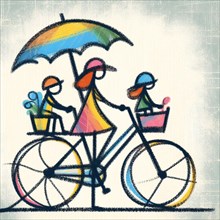 Abstract art of a family on a bicycle under a colorful umbrella, suggesting a cheerful, rainy